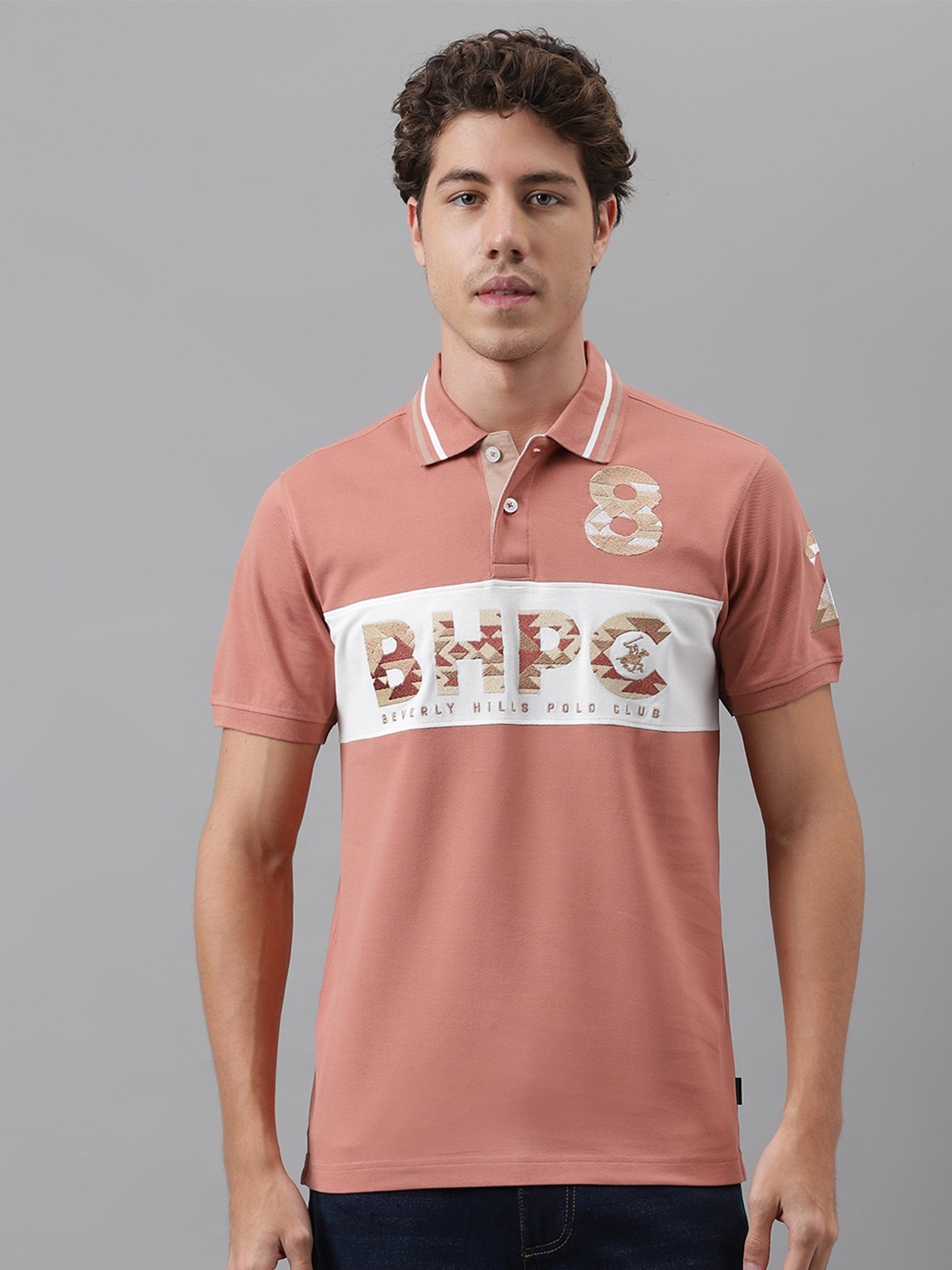 

Beverly Hills Polo Club Typography Printed Polo Collar Pure Cotton T-shirt, Rust