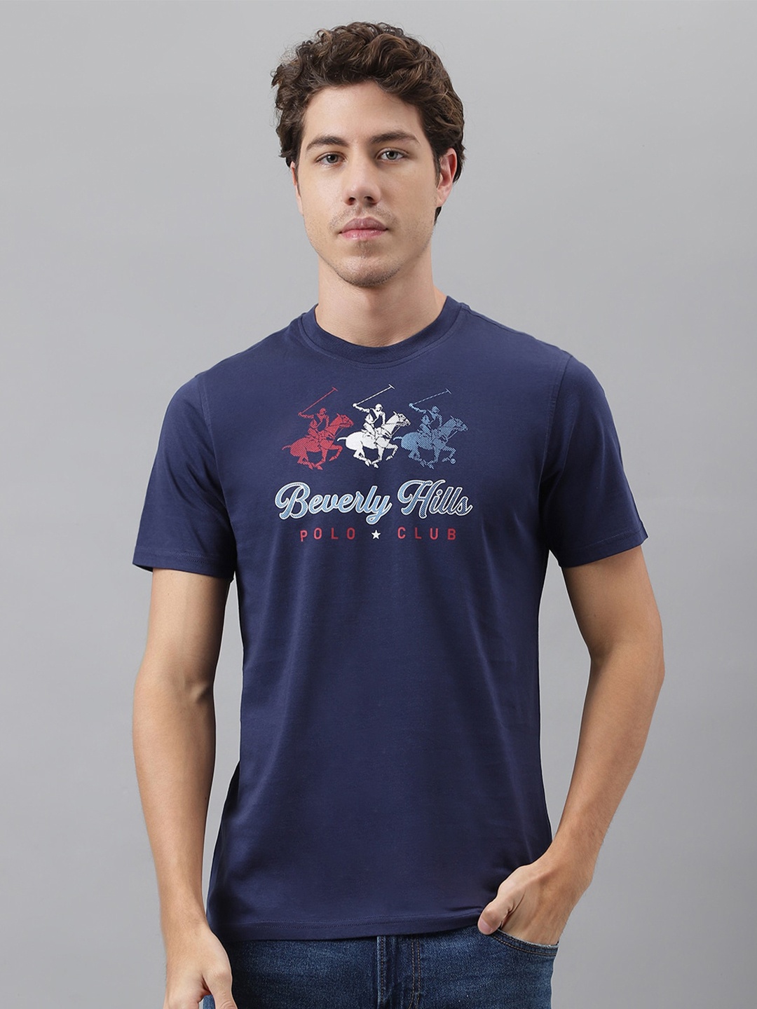 

Beverly Hills Polo Club Typography Printed Round Neck Pure Cotton T-shirt, Blue