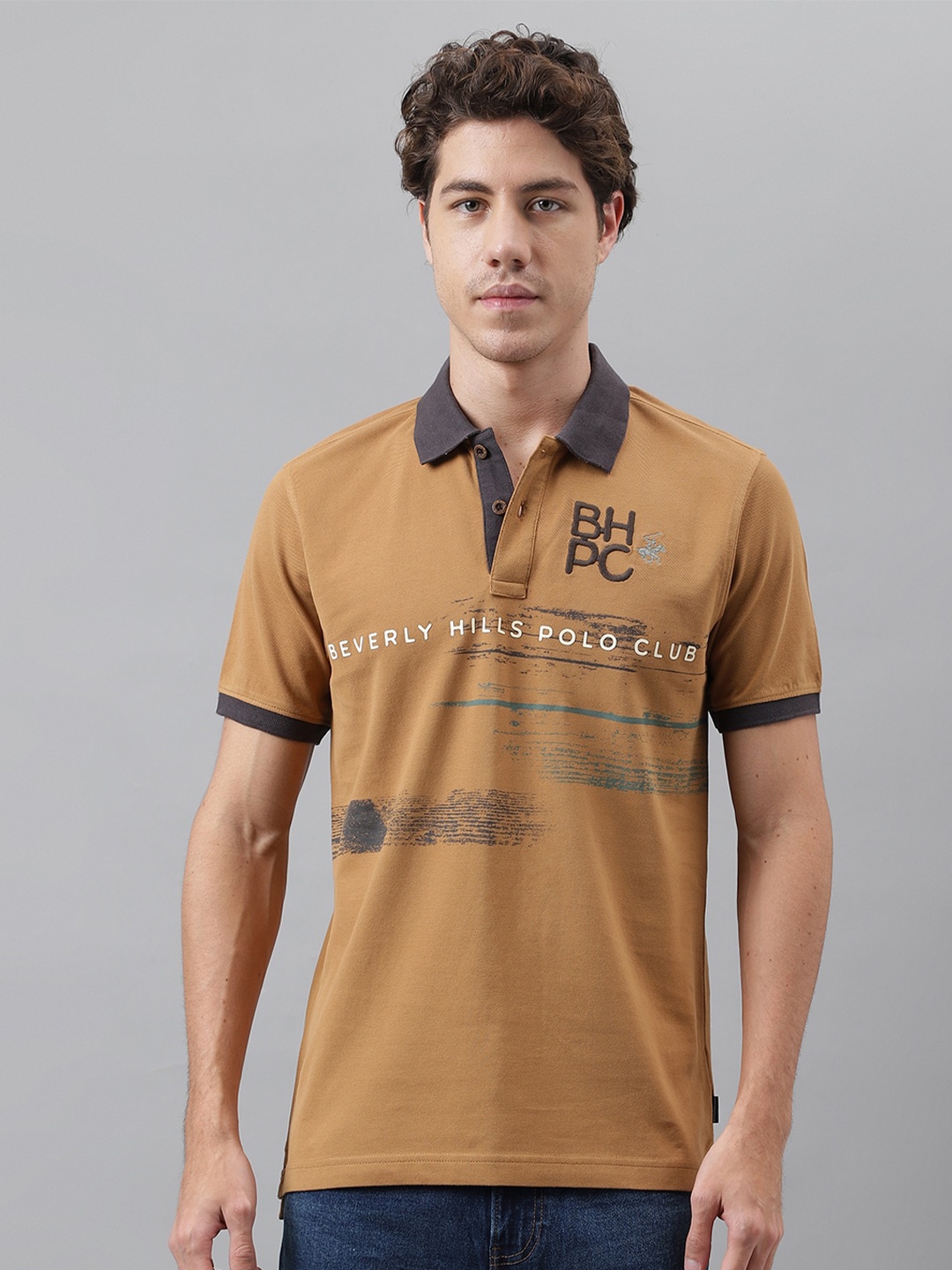 

Beverly Hills Polo Club Typography Printed Polo Collar Pure Cotton T-shirt, Brown