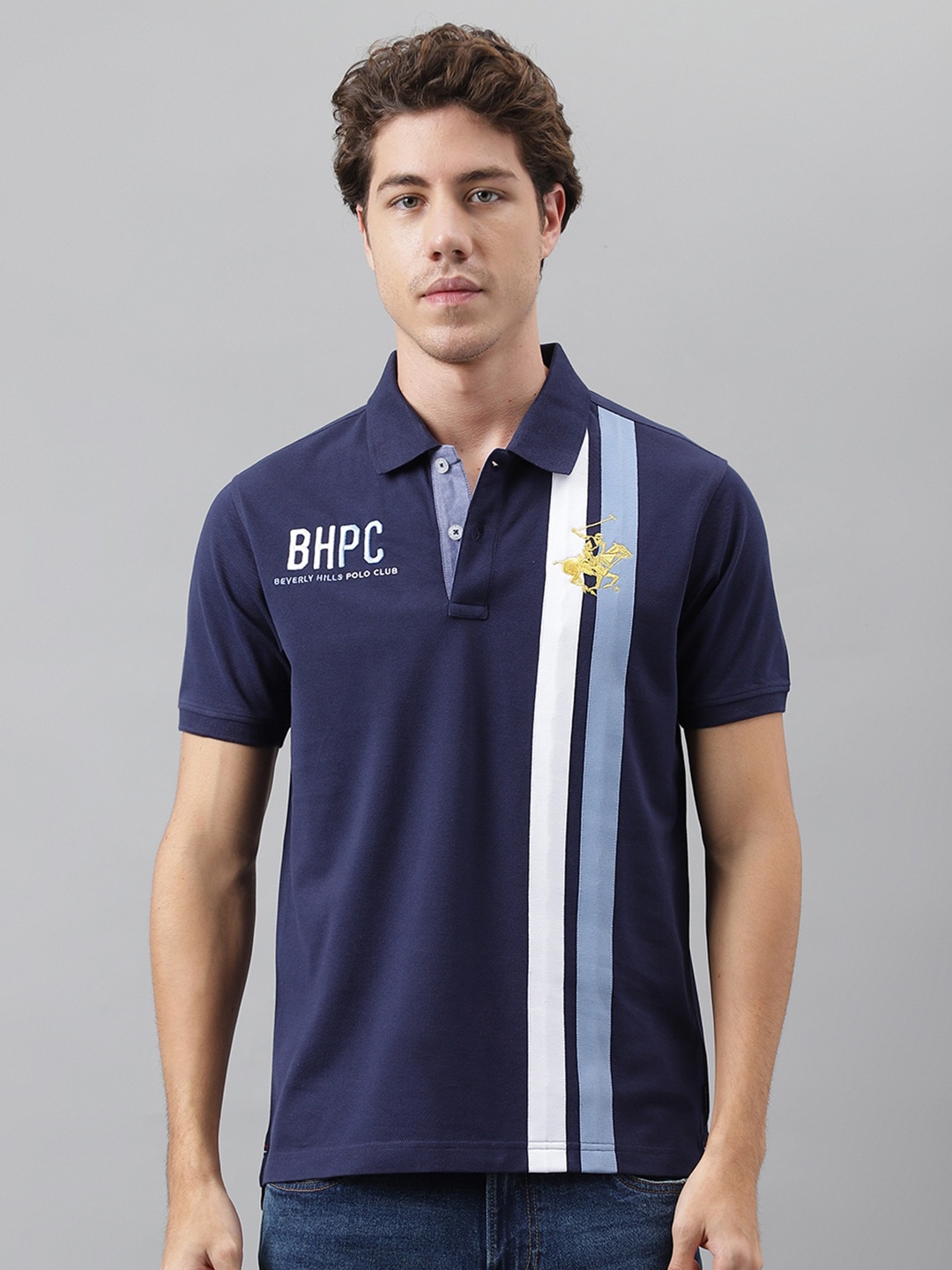Beverly Hills Polo Club Striped Polo Collar Pure Cotton T-shirt, Blue