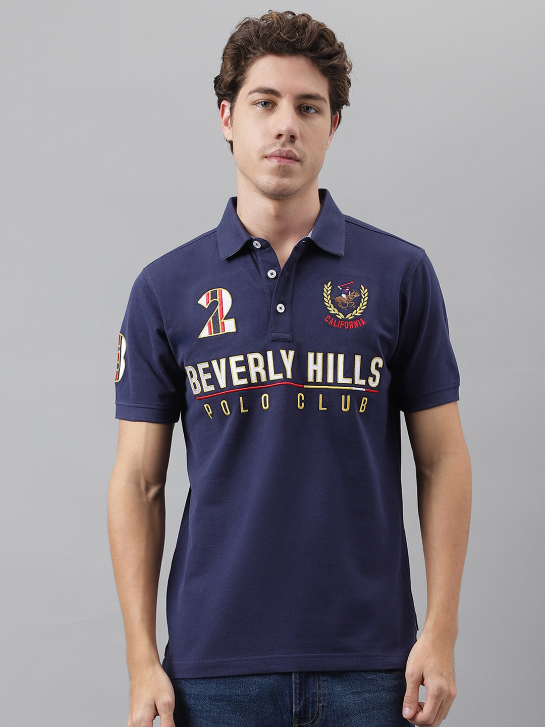 

Beverly Hills Polo Club Typography Printed Polo Collar Pure Cotton Applique T-shirt, Navy blue