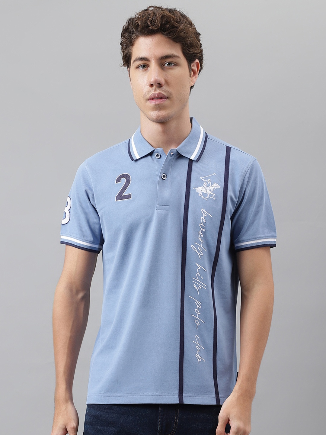 Beverly Hills Polo Club Typography Printed Polo Collar Pure Cotton T-shirt, Blue