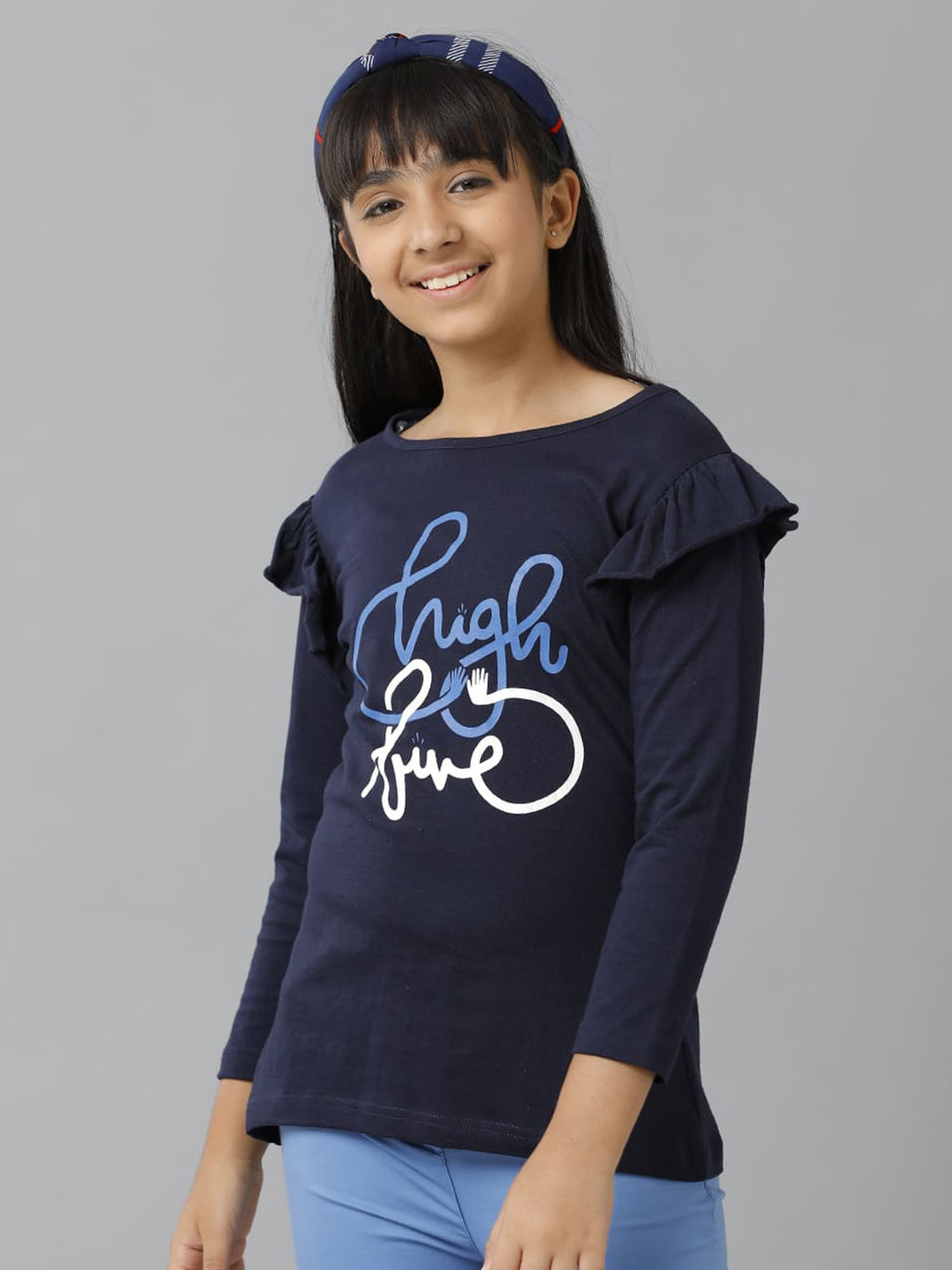 

UNDER FOURTEEN ONLY Girls Typography Printed Cotton Top, Navy blue