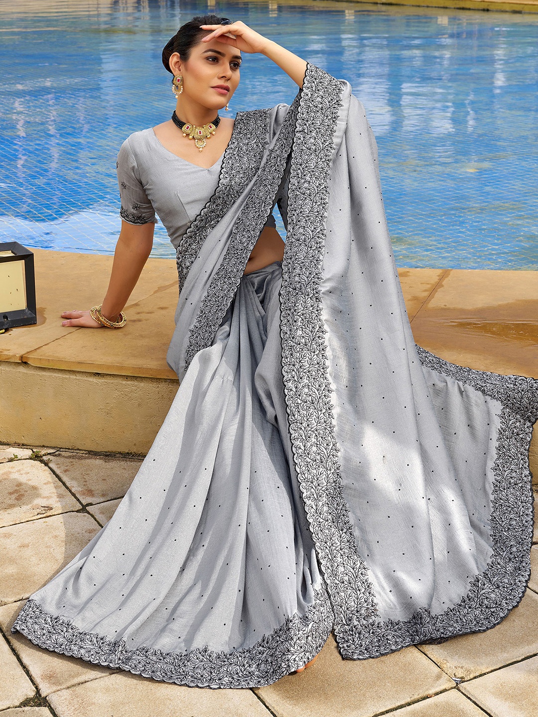 

Mitera Embellished Beads And Stones Art Silk Saree, Grey