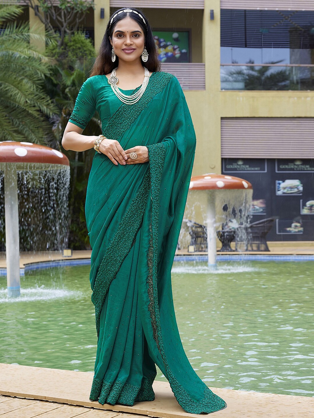 

Mitera Embellished Beads And Stones Art Silk Saree, Green