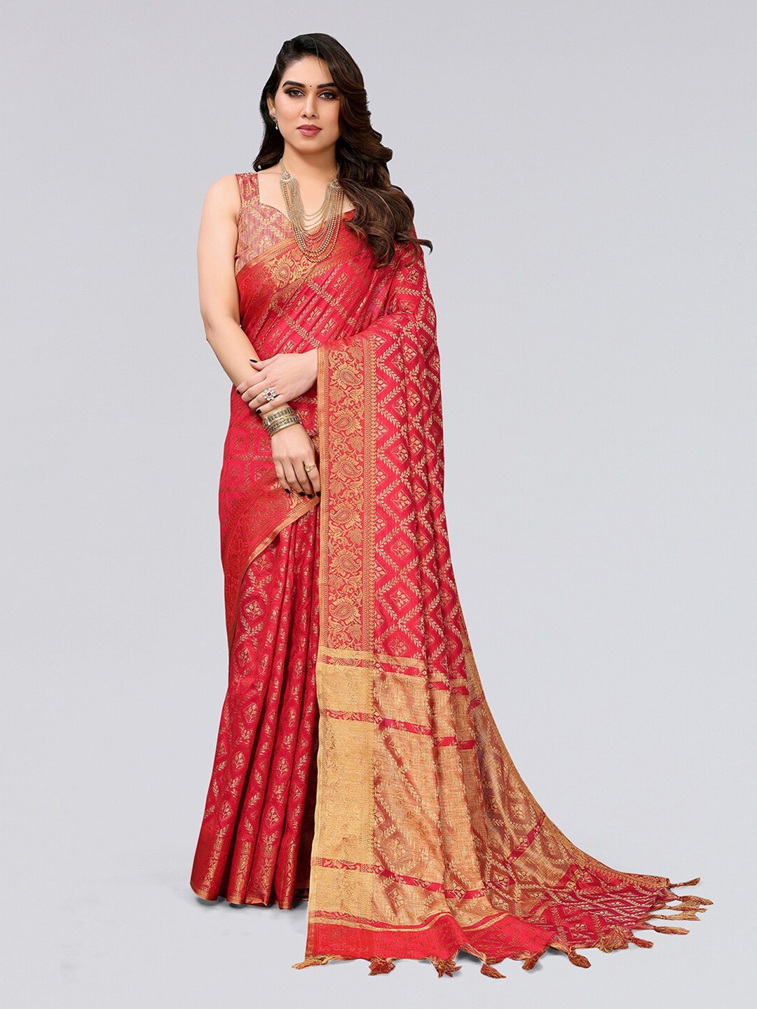 

Mitera Red & Gold Woven Design Zari Silk Cotton Saree