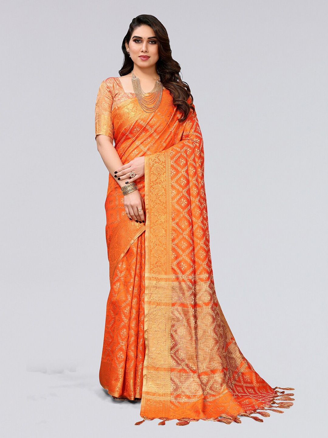 

Mitera Orange & Gold Woven Design Zari Silk Cotton Saree
