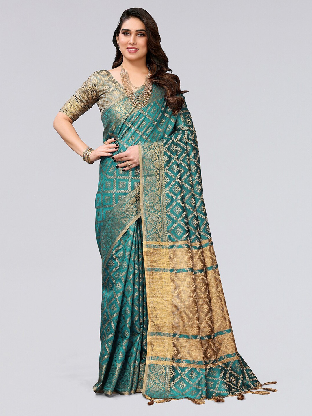 

Mitera Ethnic Motifs Woven Design Zari Silk Cotton Saree, Teal