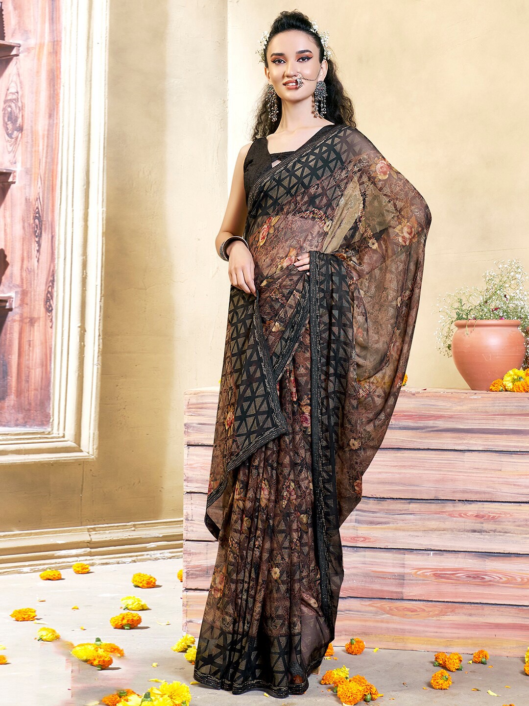 

Mitera Floral Printed Zari Brasso Saree, Black