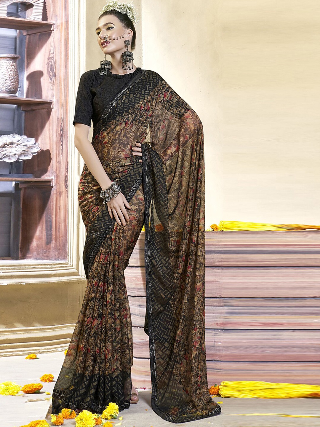 

Mitera Black & Brown Floral Printed Beads and Stones Brasso Saree