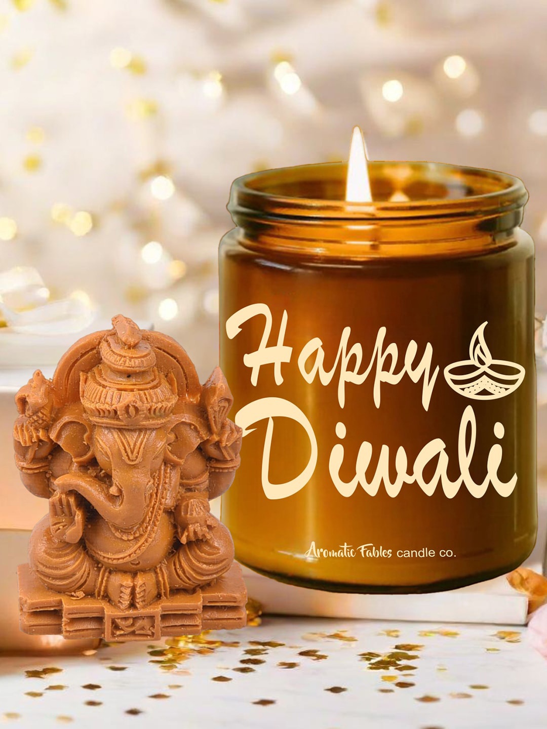

Aromatic Fables White & Brown Mogra Scented Glass Jar Candle With Ganesha Idol-400g