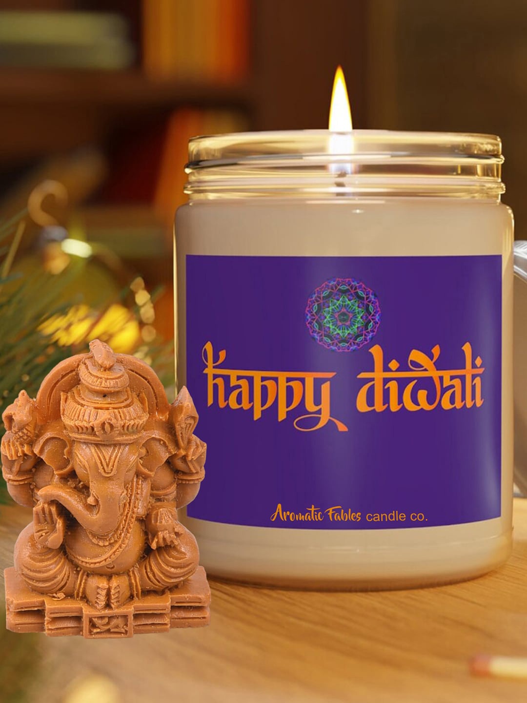 

Aromatic Fables Lavender Scented Diwali Festive Glass Jar Gifting Candle with Ganesha Idol, White