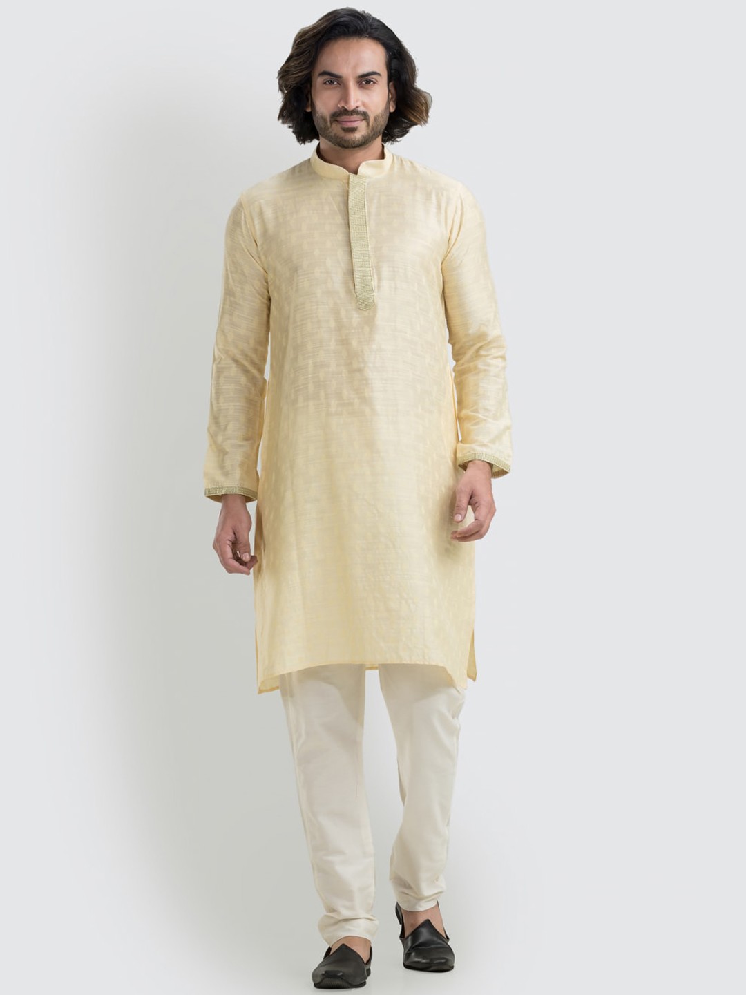 

SREEMANT Ethnic Motifs Woven Design Cotton Silk Brocade Straight Kurta, Cream