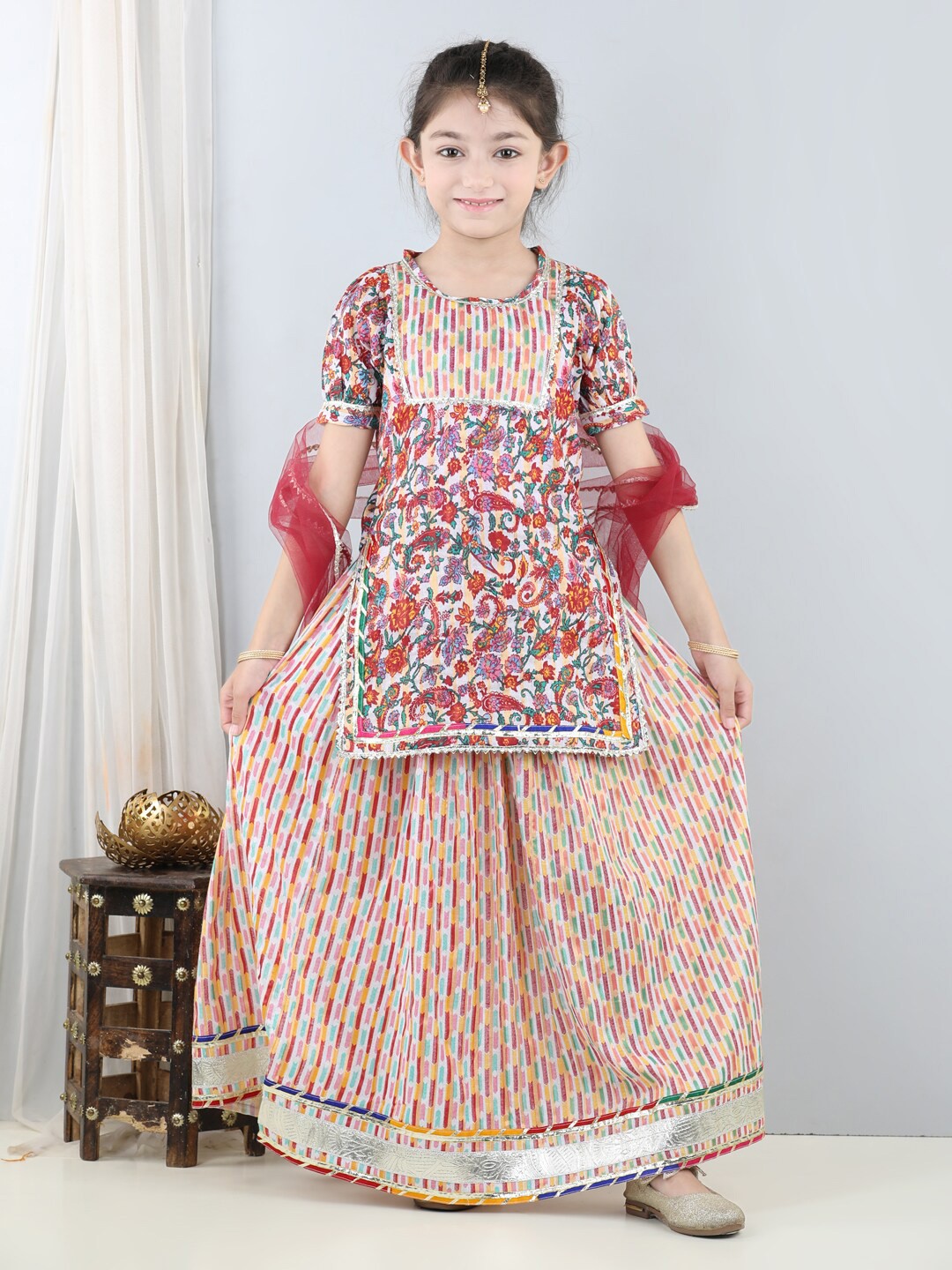 

Cutiekins Girls Floral Printed Ready to Wear Cotton Lehenga & Blouse With Dupatta, Maroon