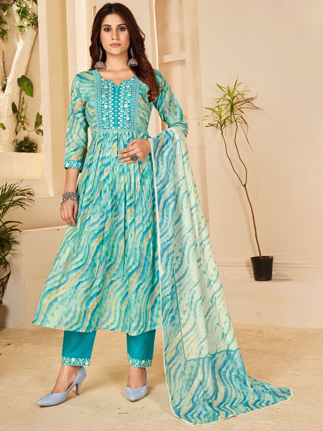 

PREMROOP- THE STYLE YOU LOVE Leheriya Printed Pure Cotton Kurta With Trousers & Dupatta, Turquoise blue