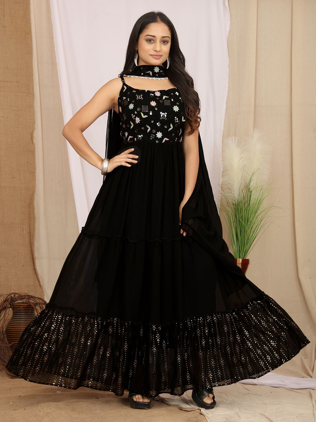 

KALINI Floral Embroidered Georgette Fit & Flare Maxi Ethnic Dress With Dupatta, Black