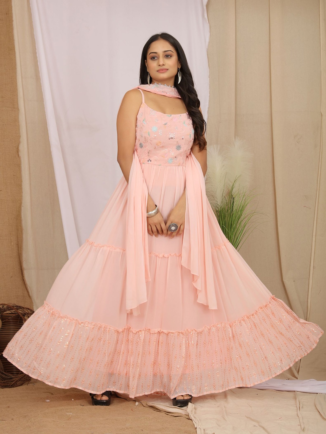 

KALINI Floral Embroidered Georgette Fit & Flare Maxi Ethnic Dress With Dupatta, Pink