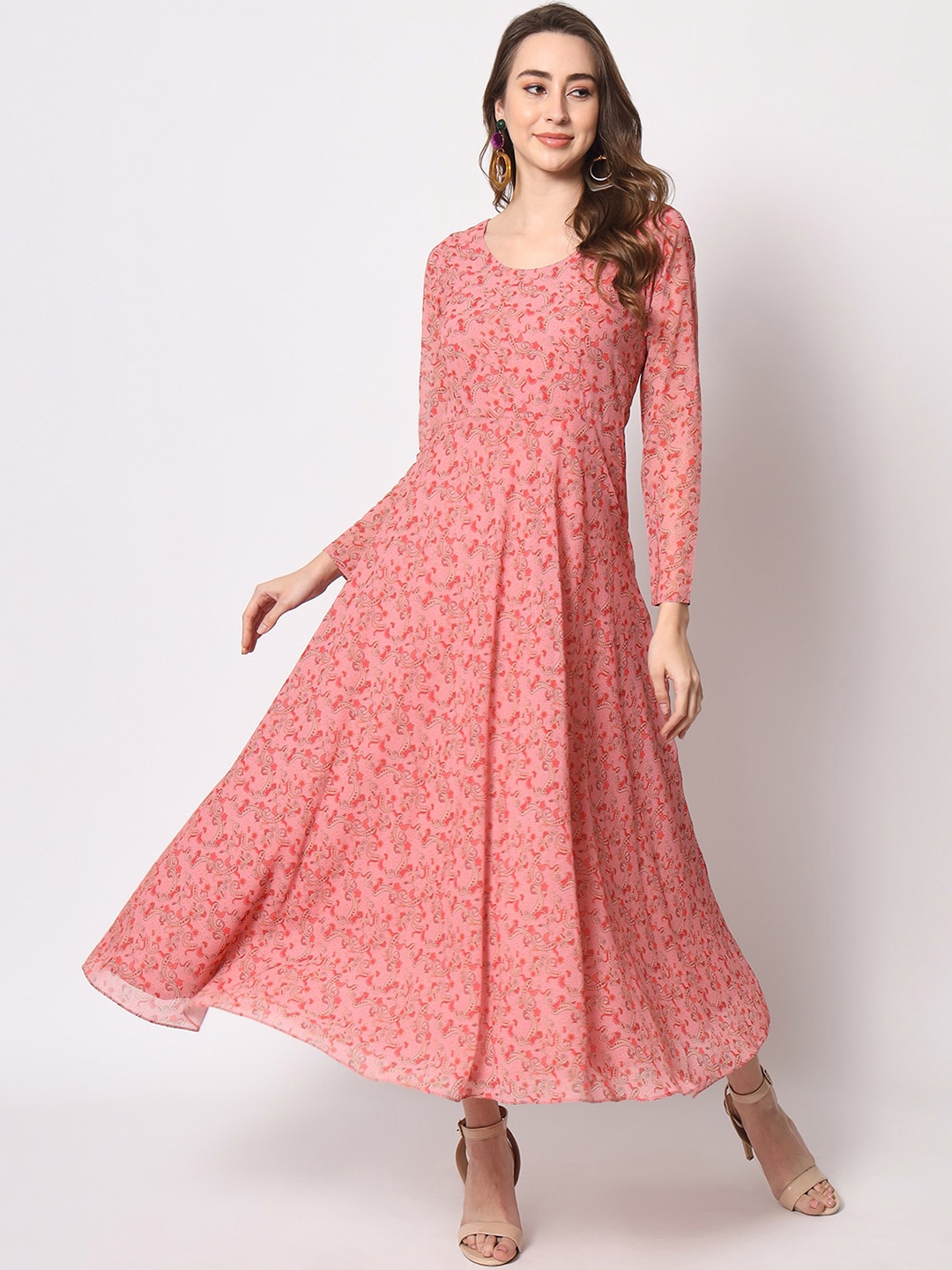 

BLACK SCISSOR Ethnic Motifs Print Georgette Fit & Flare Maxi Dress, Pink