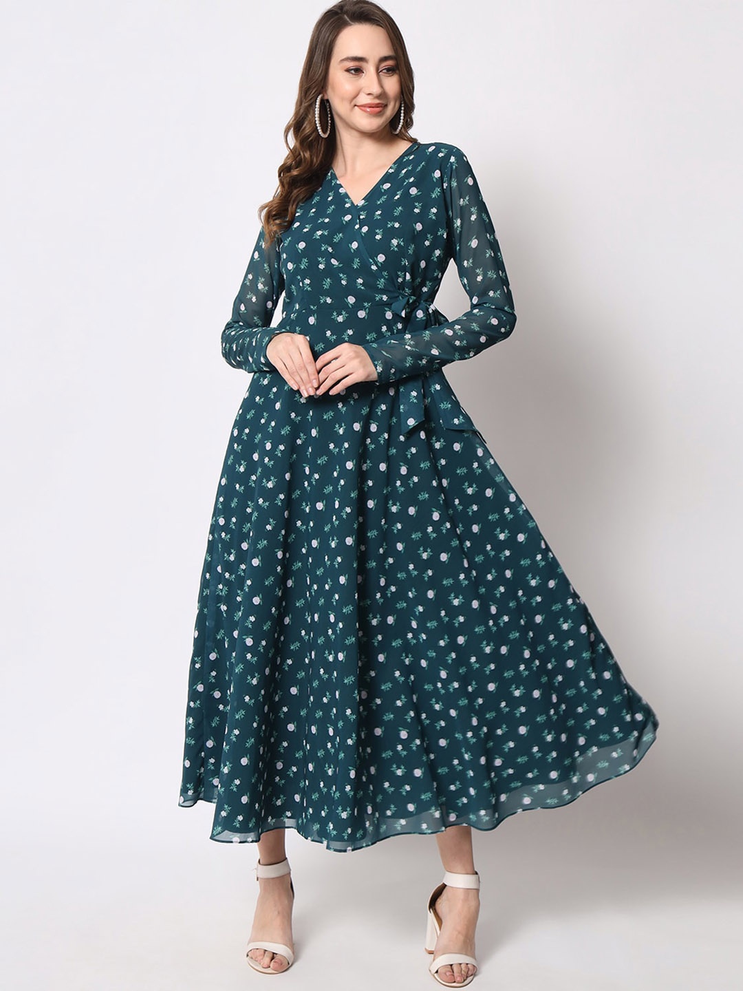 

BLACK SCISSOR Floral Print V-Neck Georgette Wrap Midi Dress, Teal