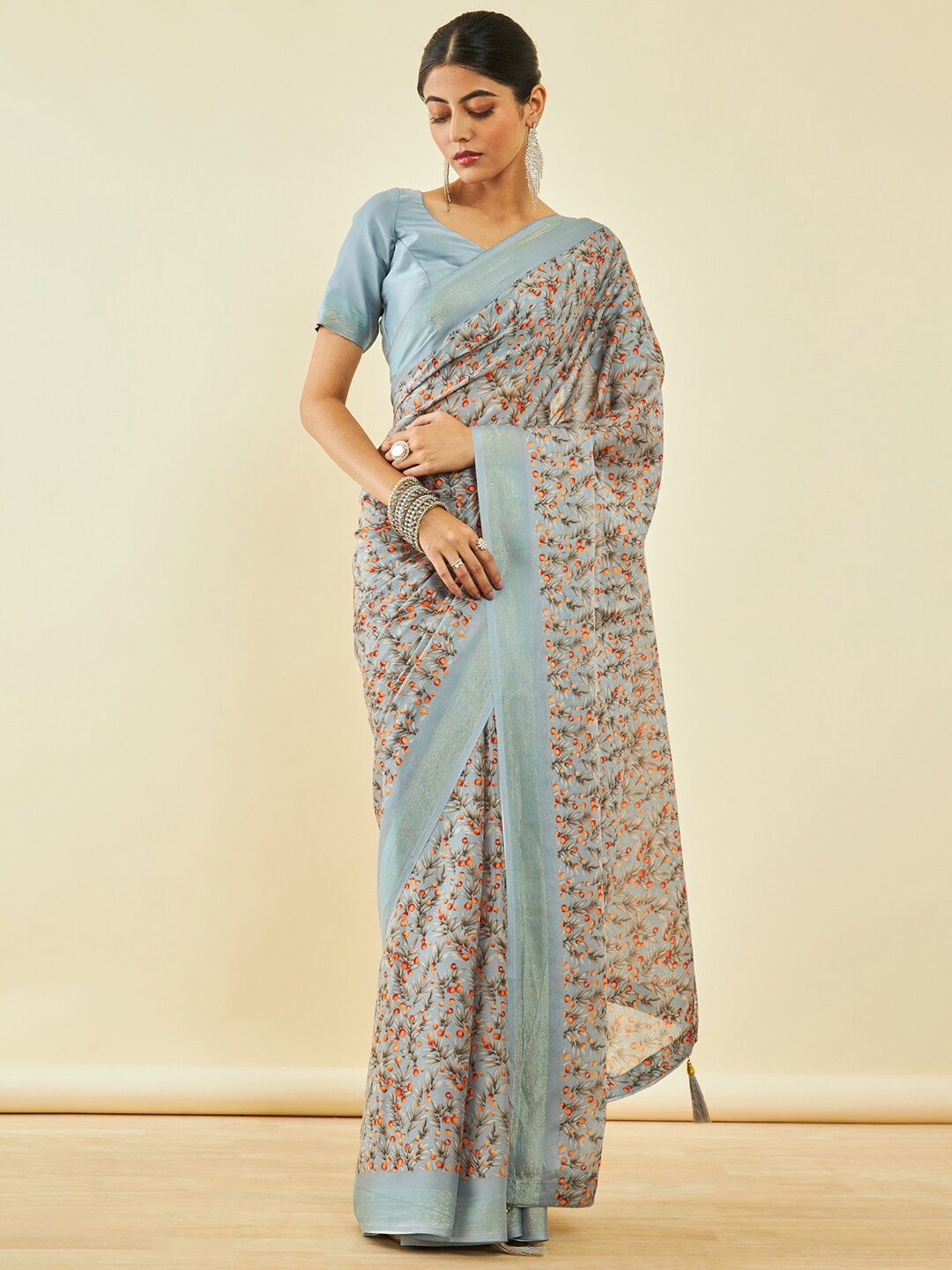 

Soch Floral Printed Zari Saree, Grey