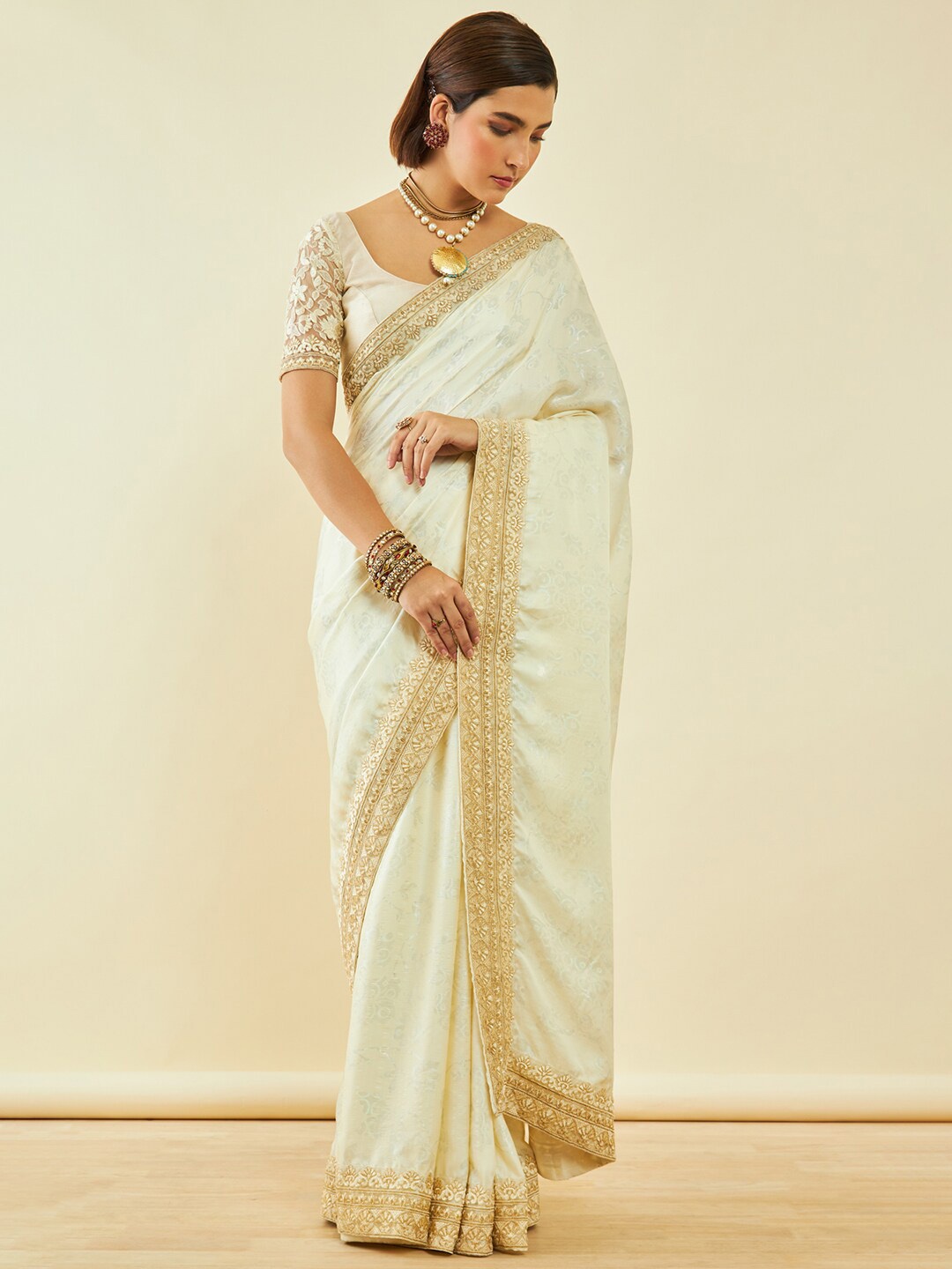 

Soch Floral Printed & Embroidered Saree, Cream