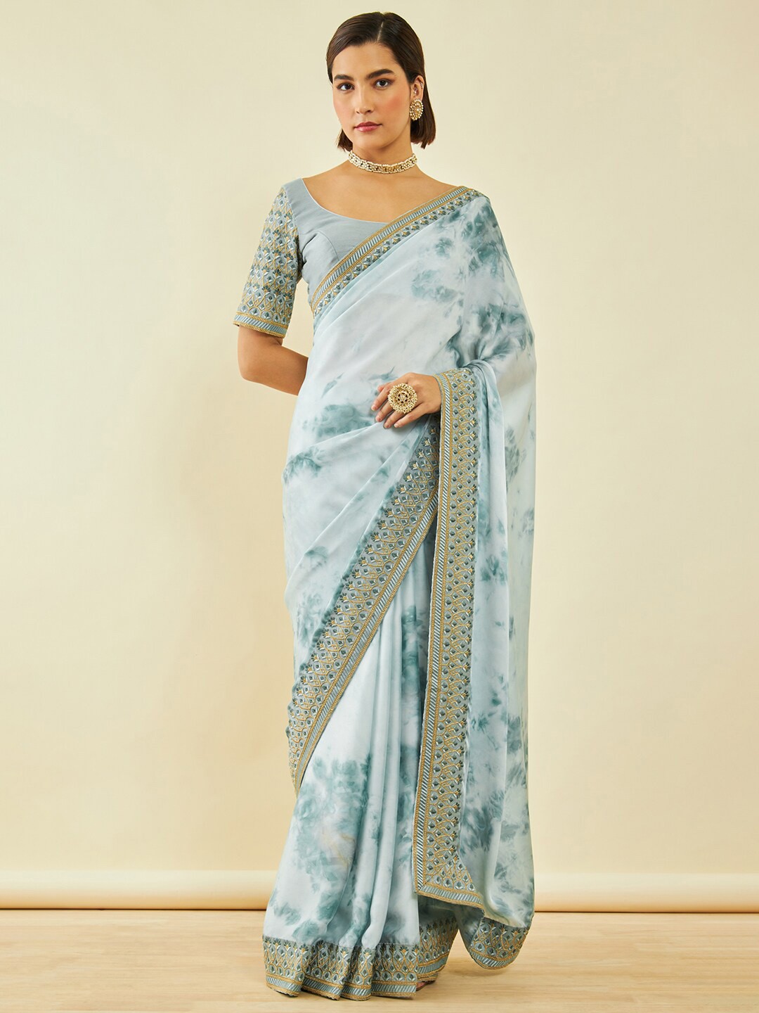 

Soch Tie and Dyed Embroidered Saree, Teal
