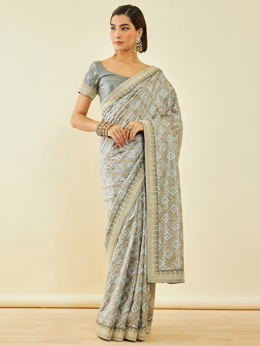 

Soch Printed Embroidered Bordered Bandhani Saree, Grey