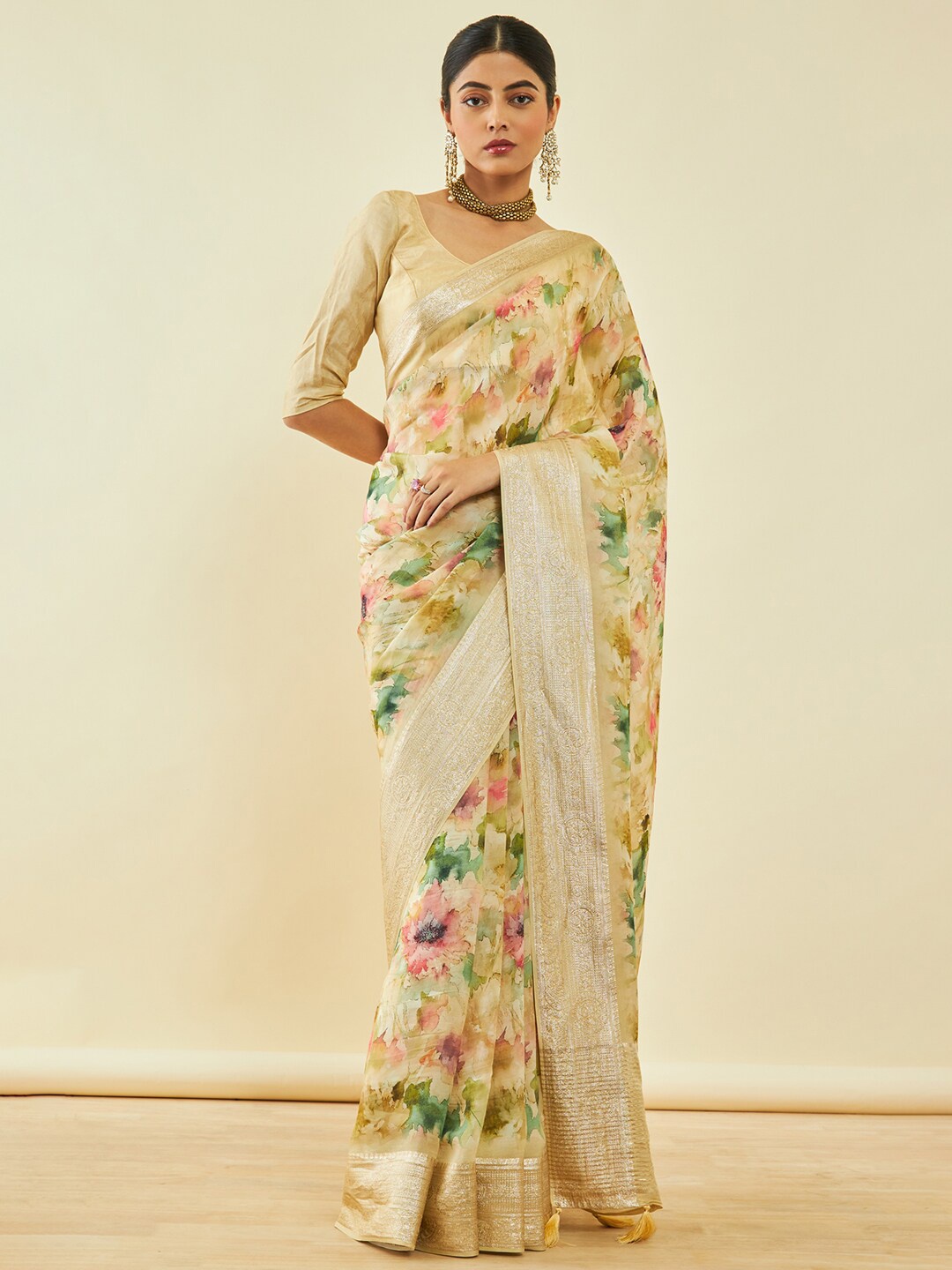 

Soch Floral Printed Zari Organza Saree, Beige