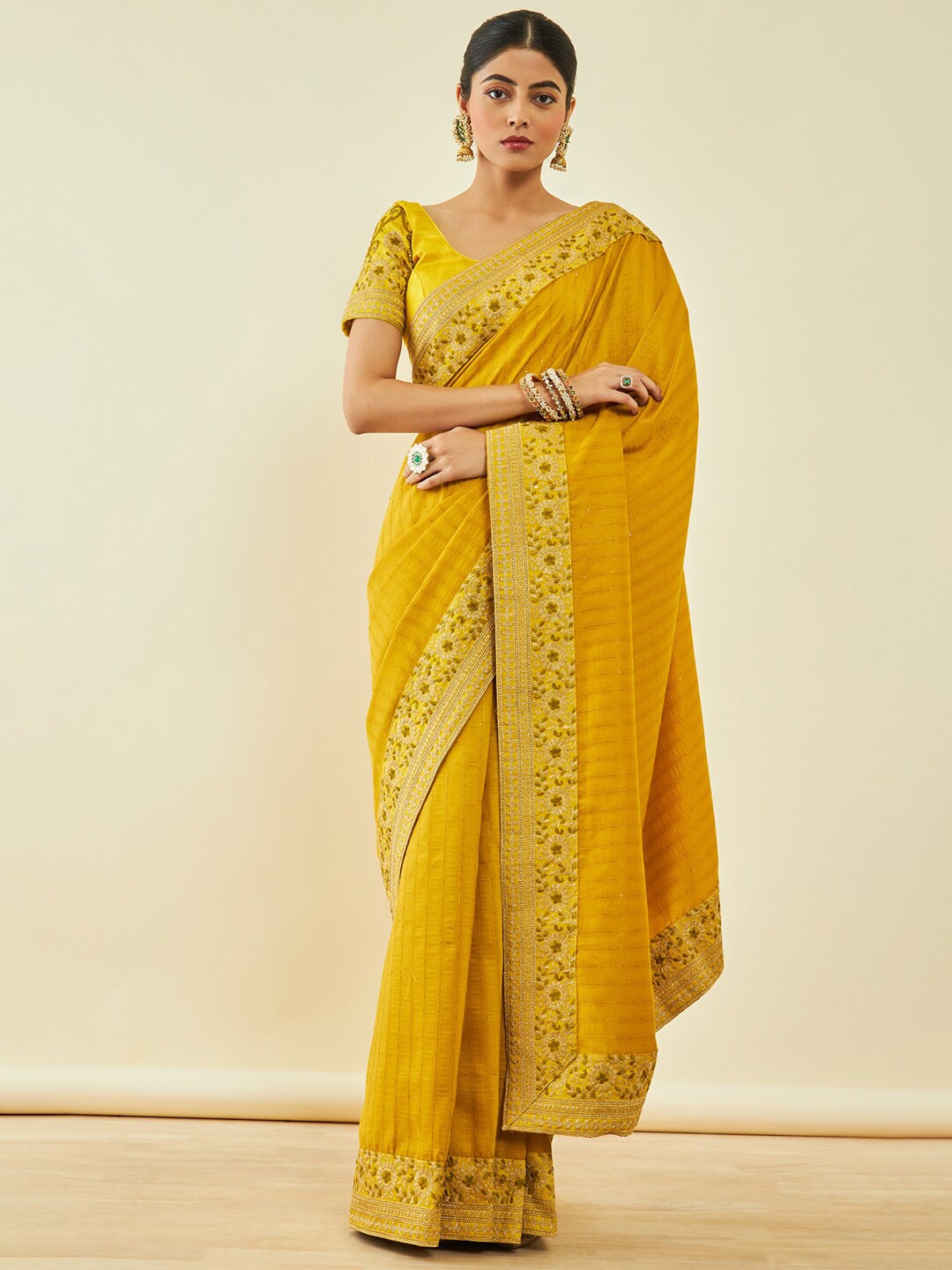 

Soch Embellished Zari Silk Blend Tussar Saree, Mustard