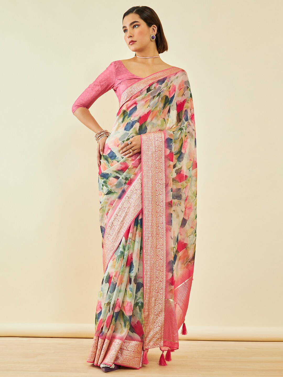 

Soch Floral Zari Organza Saree, Pink