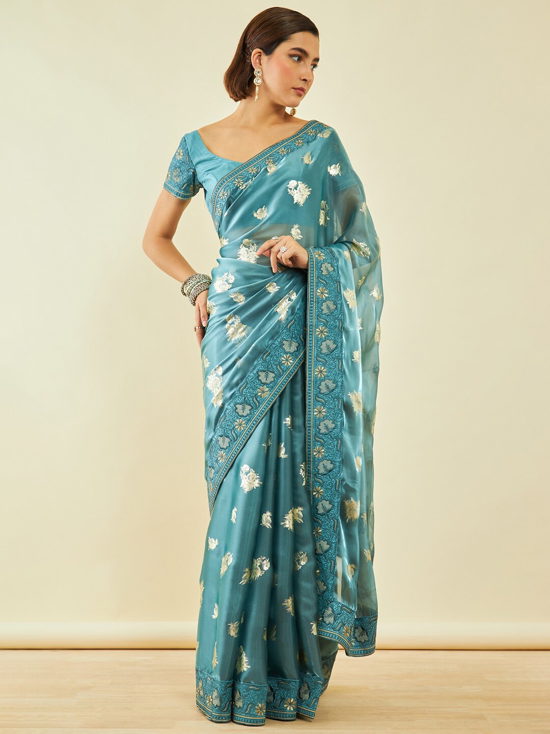 

Soch Floral Zari Tissue Saree, Teal