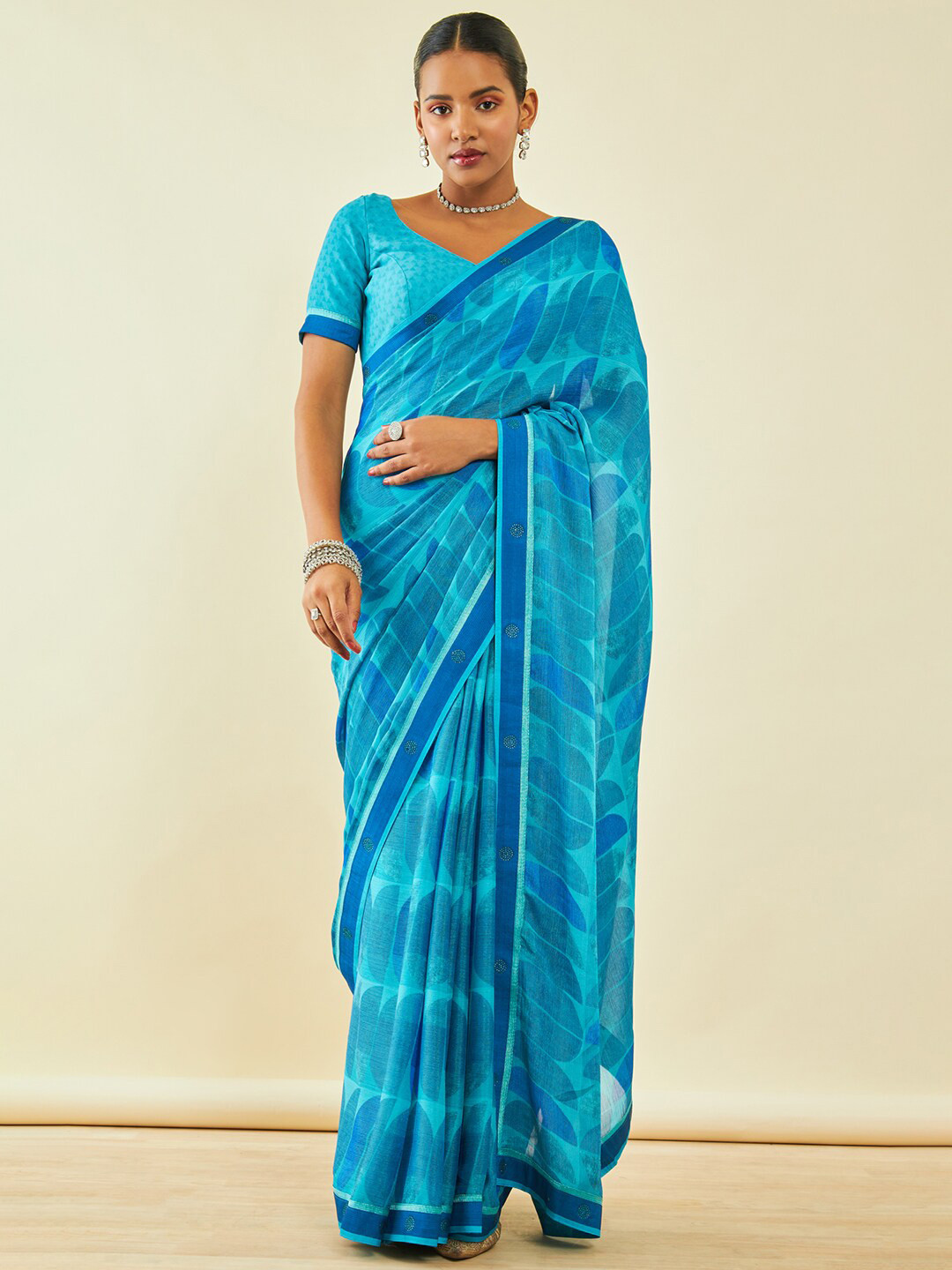 

Soch Printed Poly Chiffon Saree, Turquoise blue