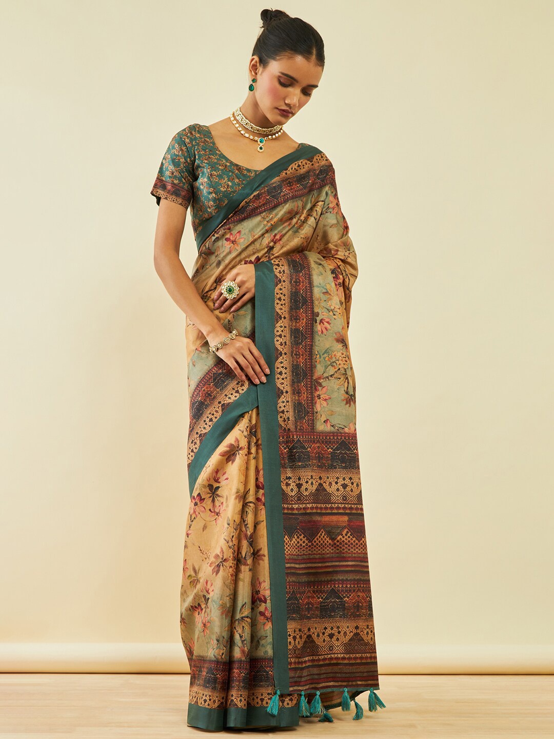 

Soch Floral Art Silk Saree, Beige
