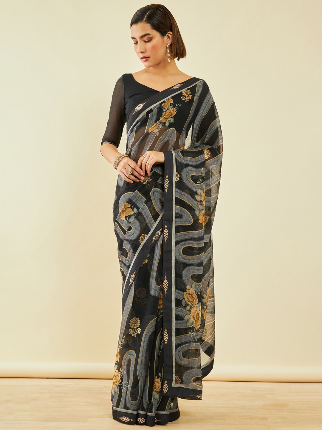 

Soch Floral Zari Poly Chiffon Saree, Black