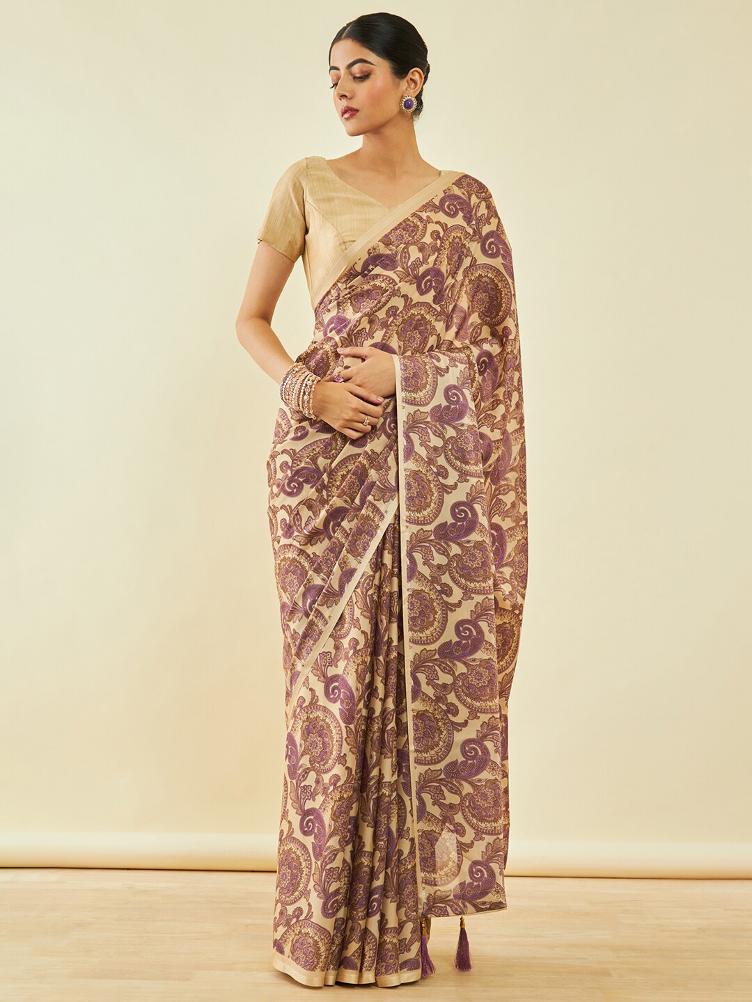 

Soch Paisley Printed Zari Poly Georgette Saree, Purple