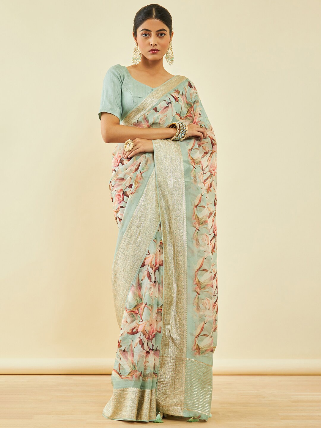 

Soch Floral Printed Zari Organza Saree, Green