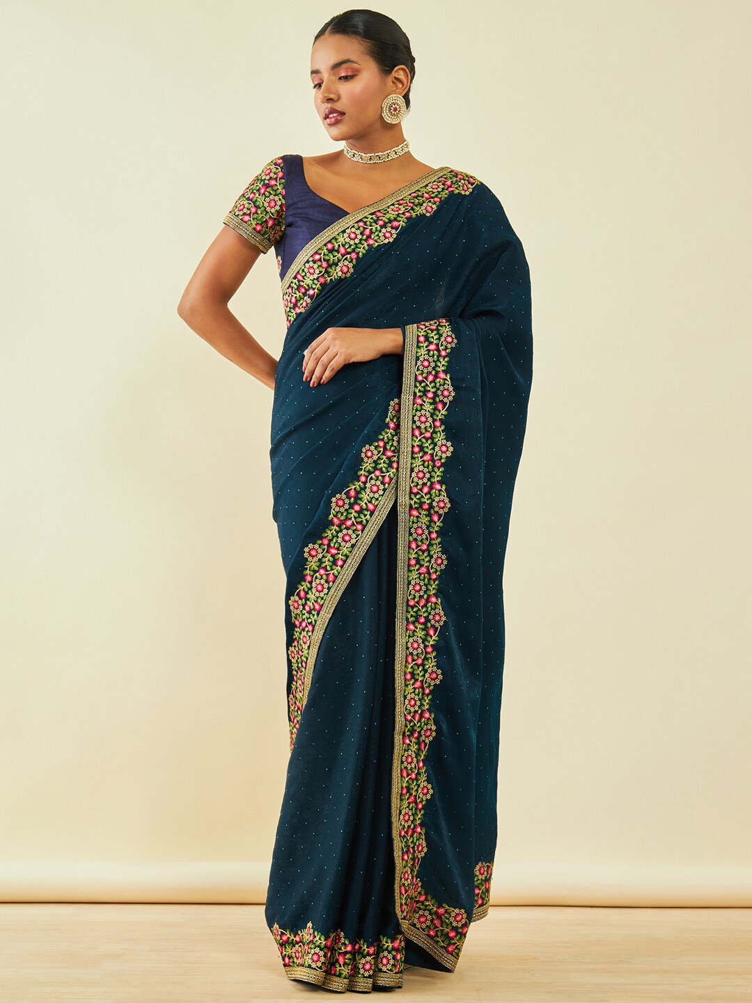 

Soch Polka Dots Printed Beads And Stones Saree, Navy blue