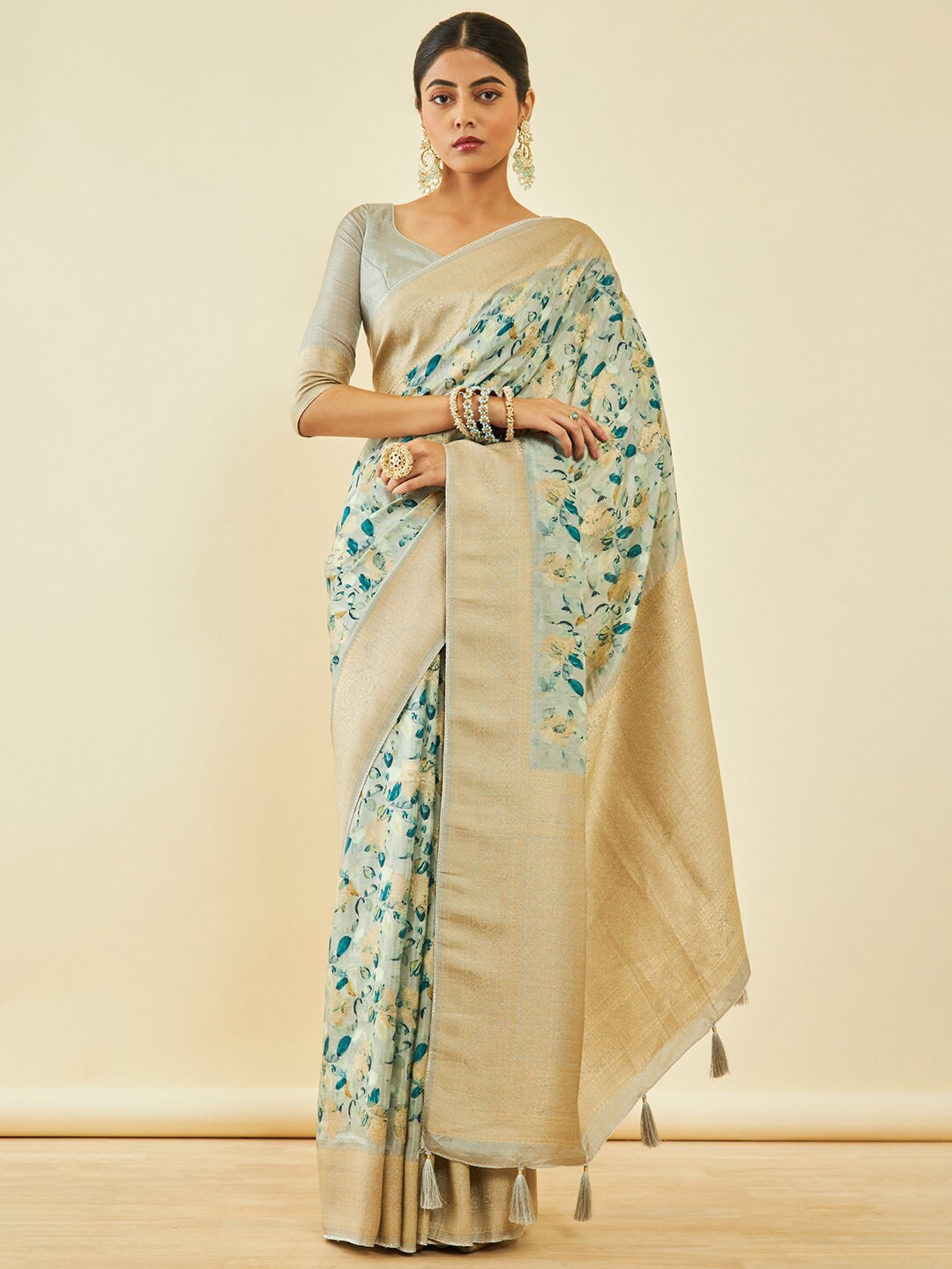 

Soch Floral Printed Zari Tussar Saree, Grey