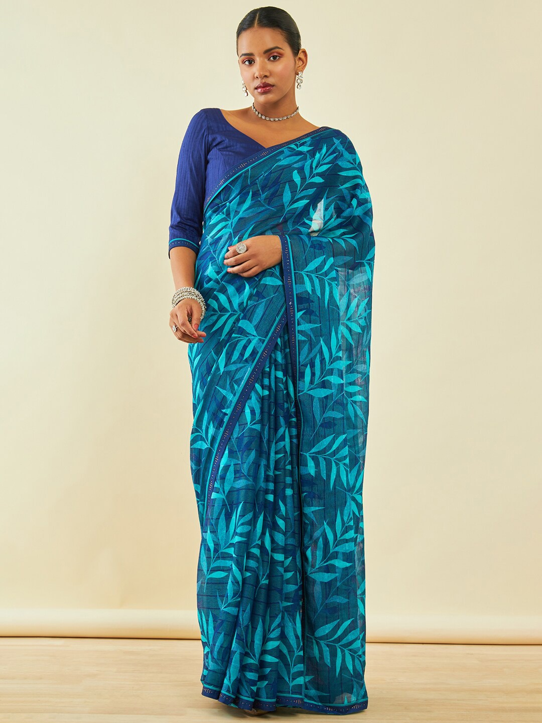 

Soch Floral Printed Beads And Stones Saree, Turquoise blue