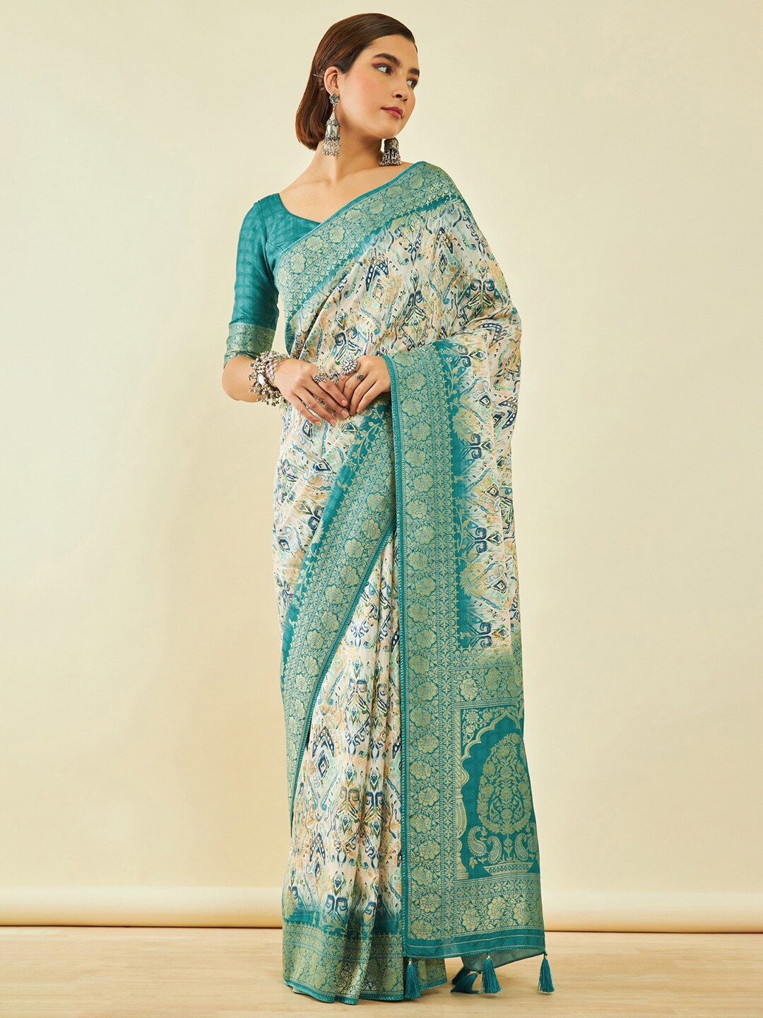 

Soch Floral Woven Design Zari Tussar Saree, Cream