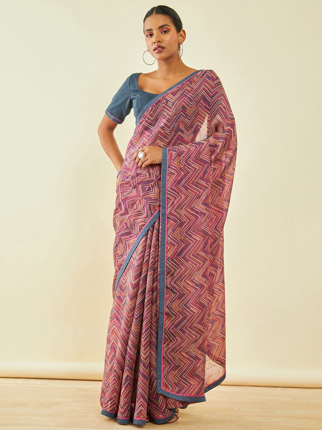 

Soch Chevron Printed Beads And Stones Saree, Purple