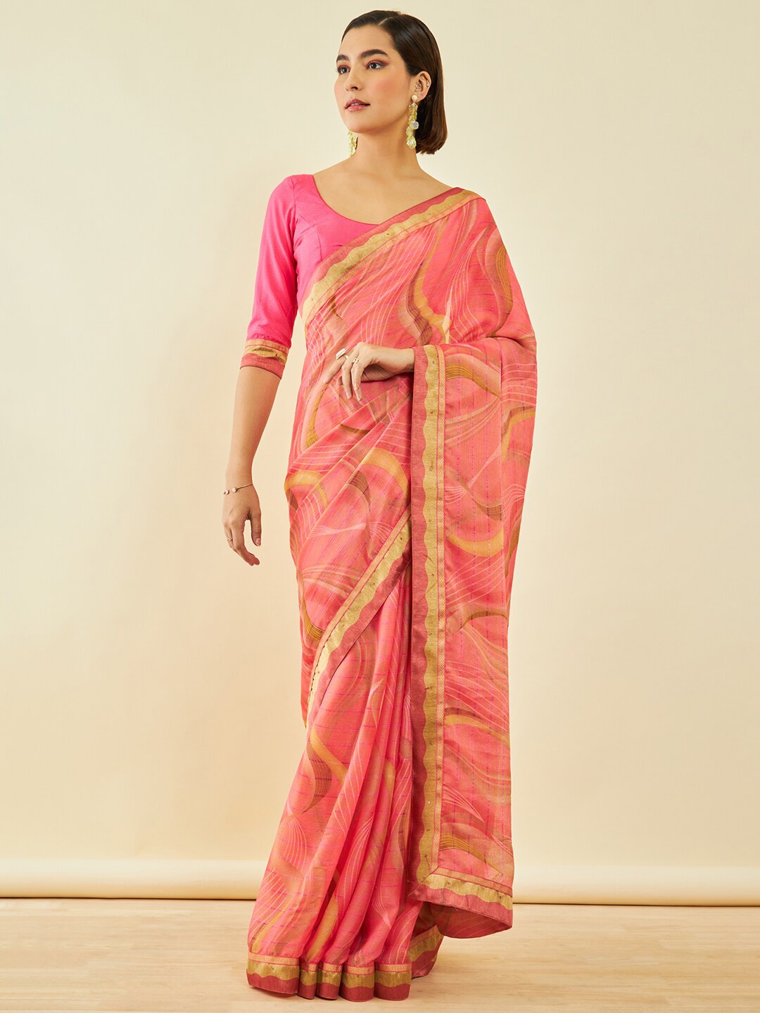 

Soch Printed Beads And Stones Saree, Coral