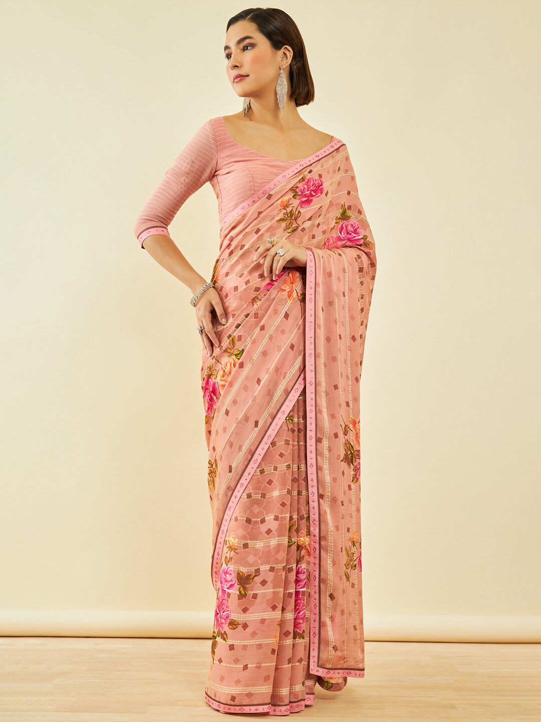 

Soch Peach-Coloured Floral Printed Beads and Stones Saree