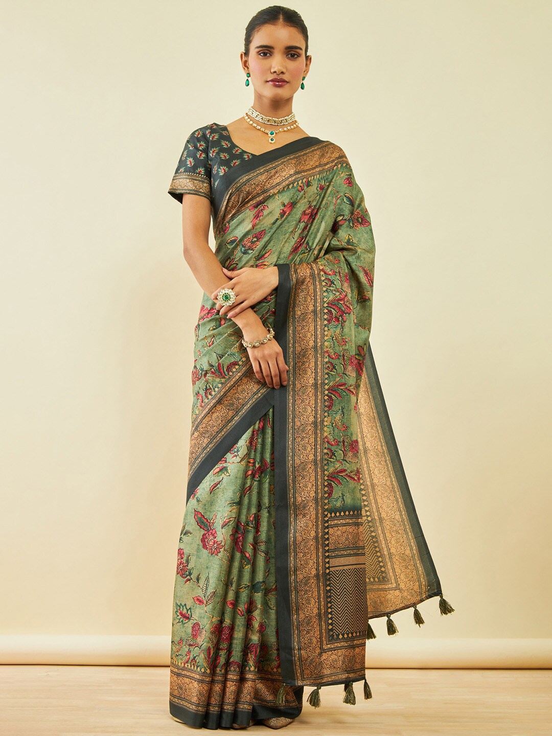 

Soch Green Floral Printed Art Silk Saree