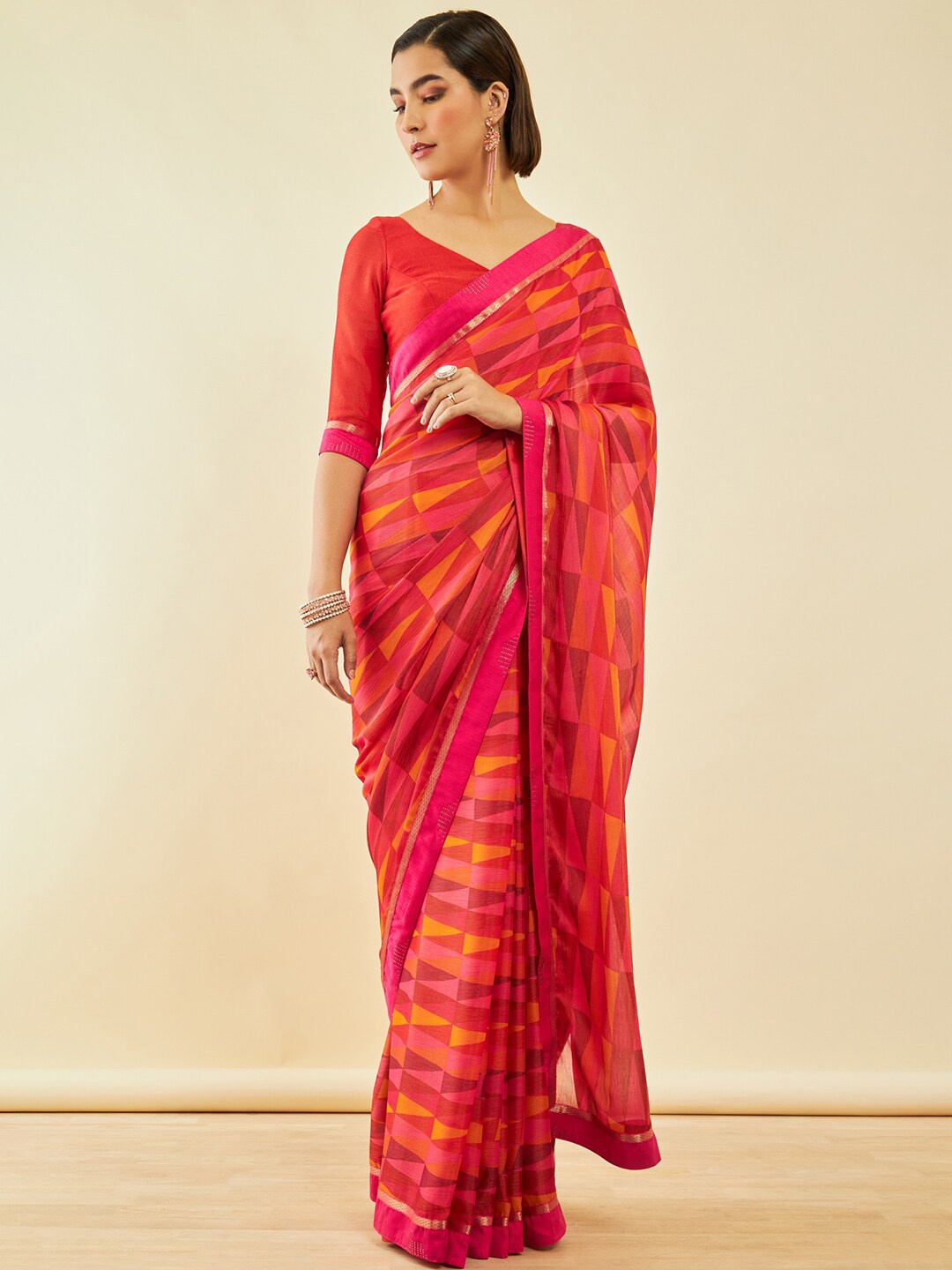 

Soch Coral Geometric Printed Beads and Stones Saree