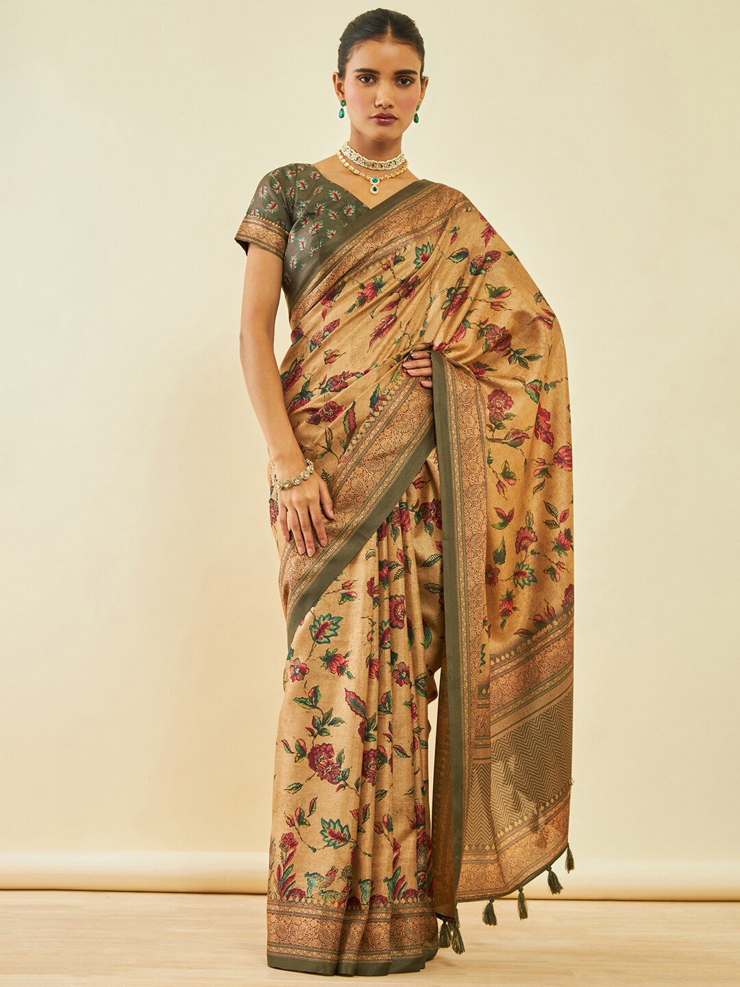 

Soch Beige Floral Printed Art Silk Saree