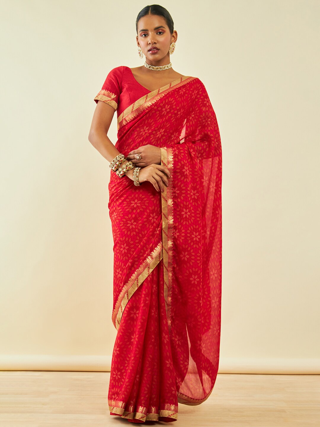 

Soch Red Floral Printed Zari Saree
