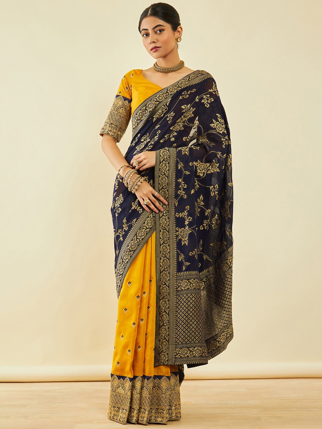 

Soch Mustard Floral Woven Design Zari Saree