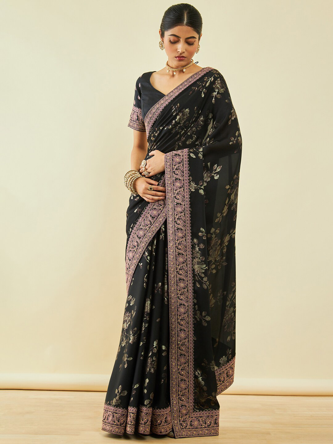 

Soch Black Floral Printed Embroidered Saree
