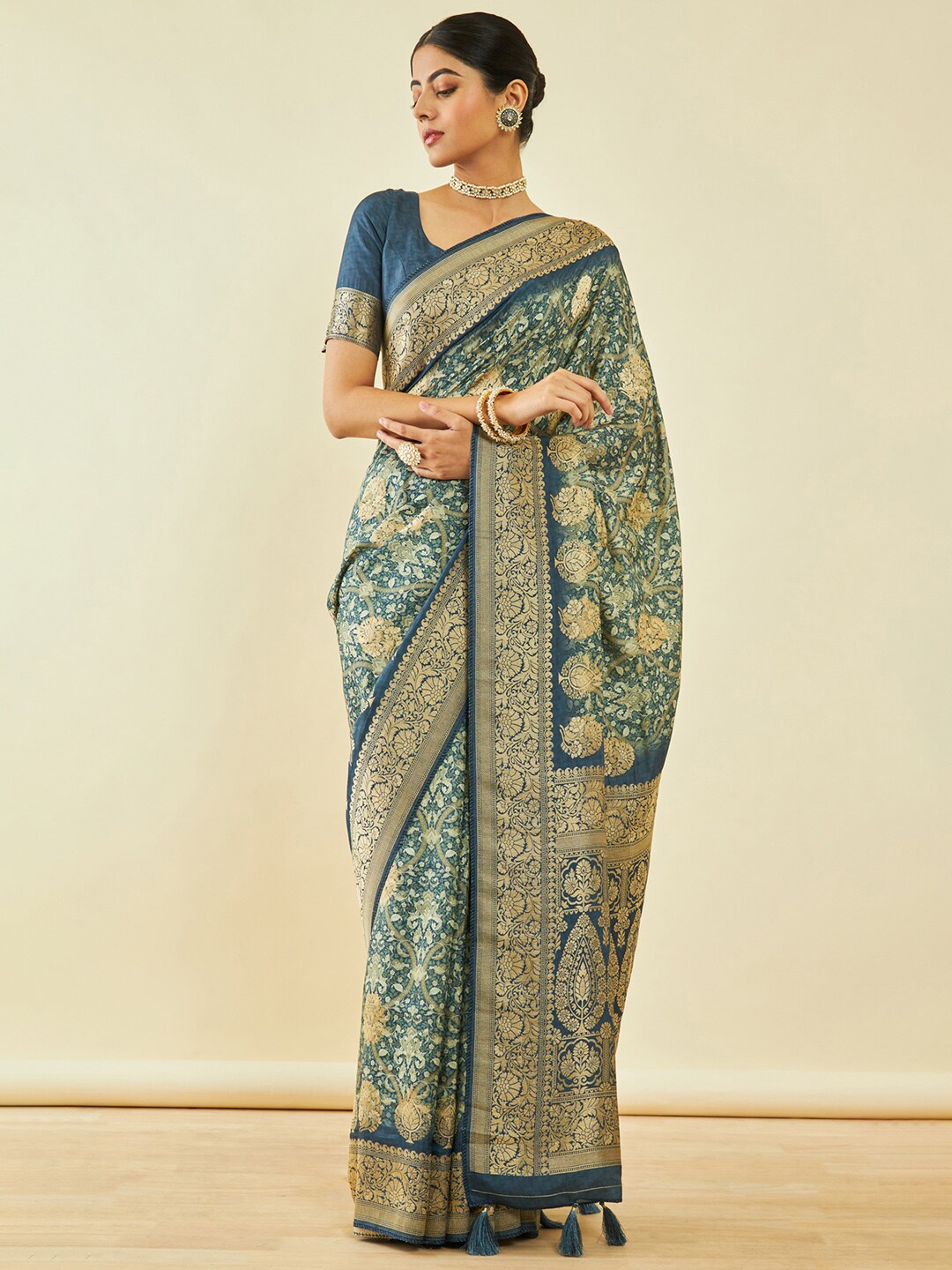 

Soch Floral Printed Zari Tussar Saree, Blue